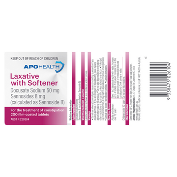 APO HEALTH Laxative with Softener Docusate Sodium Bottle 200 Tablets