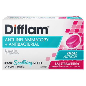 Difflam Sore Throat Lozenges Sugar Free Strawberry 16 Lozenges