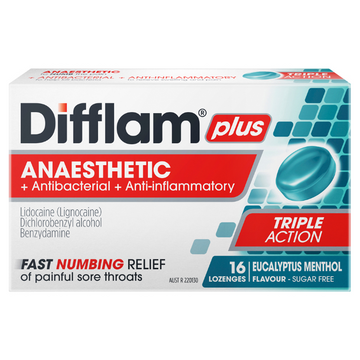 Difflam Plus Anaesthetic Sore Throat Lozenges Eucalyptus & Menthol Flavour 16 Lozenges