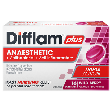 Difflam Plus Anaesthetic Sore Throat Lozenges Berry Flavour 16 Lozenges