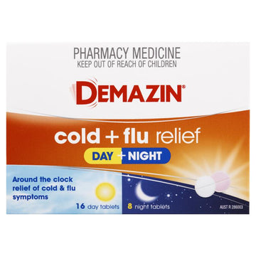 Demazin Original 6 Hour Cold + Flu Day + Night Relief 24 Tablets