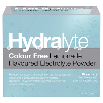 Hydralyte Colour Free Lemonade Flavoured Electrolyte Powder 10 Pack