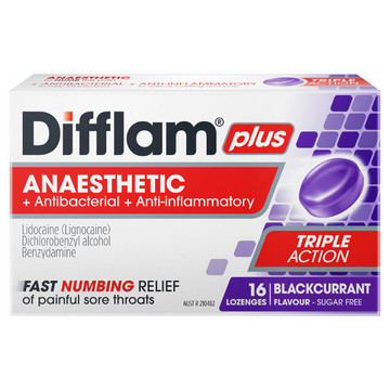 Difflam Plus Anaesthetic Sore Throat Lozenges Blackcurrant Flavour 16 Lozenges