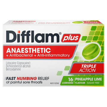 Difflam Plus Anaesthetic Sore Throat Lozenges Pineapple & Lime Flavour 16 Lozenges