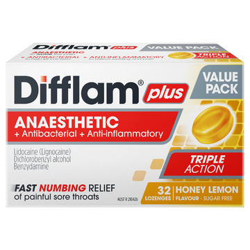 Difflam Plus Anaesthetic Sore Throat Lozenges Honey & Lemon Flavour 32 Lozenges