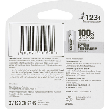 ENERGIZER Lithium Photo 123 3V Battery 1 Each