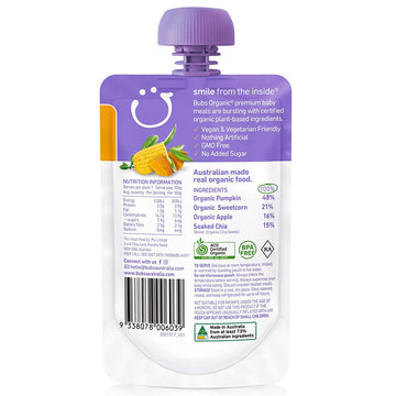 Bubs Organic Mash Sweetcorn Pumpkin & Chia Pouch 120g 6+ Months Infant Baby Food