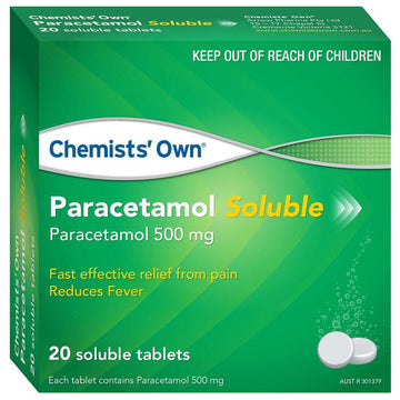 Chemists Own Paracetamol Soluble Pain Fever Relief 20 Effervescent Tablets 500Mg