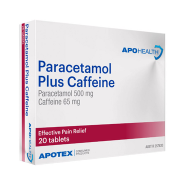 APO HEALTH Paracetamol 500mg PLUS Caffeine 65mg Blister Pack 20 Tablets