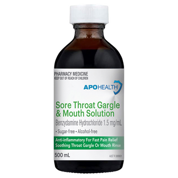 APO HEALTH Benzydamine Hydrochloride Sore Throat Gargle & Mouth Solution 500mL