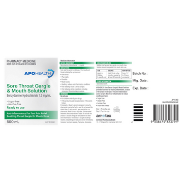 APO HEALTH Benzydamine Hydrochloride Sore Throat Gargle & Mouth Solution 500mL