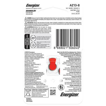 ENERGIZER Hearing Aid Batteries AZ13 Turn & Lock 8 Pack