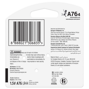 ENERGIZER A76 Silver Oxide Button Battery 4 Pack