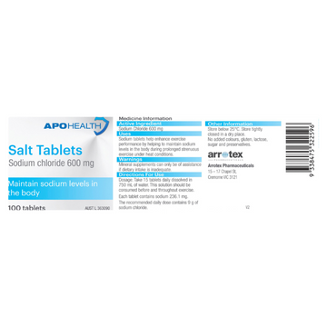 APO HEALTH Salt Tablets 600mg Bottle 100 Tablets