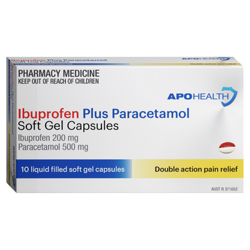 APO HEALTH Ibuprofen 200mg Plus Paracetamol 500mg Blister Pack Soft Gel 10 Capsules