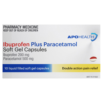 APO HEALTH Ibuprofen 200mg Plus Paracetamol 500mg Blister Pack Soft Gel 10 Capsules