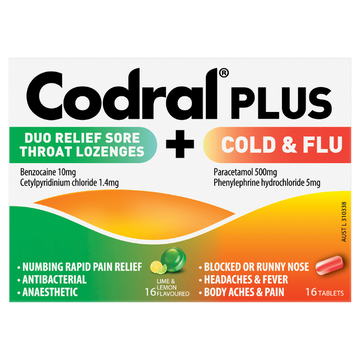 CODRAL® Plus Duo Relief Sore Throat Lozenges Lime & Lemon Flavoured + Cold & Flu 32 Pack