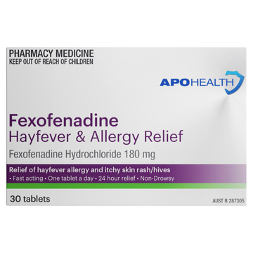 APO HEALTH Fexofenadine 180mg Hayfever & Allergy Relief Blister Pack 30 Tablets