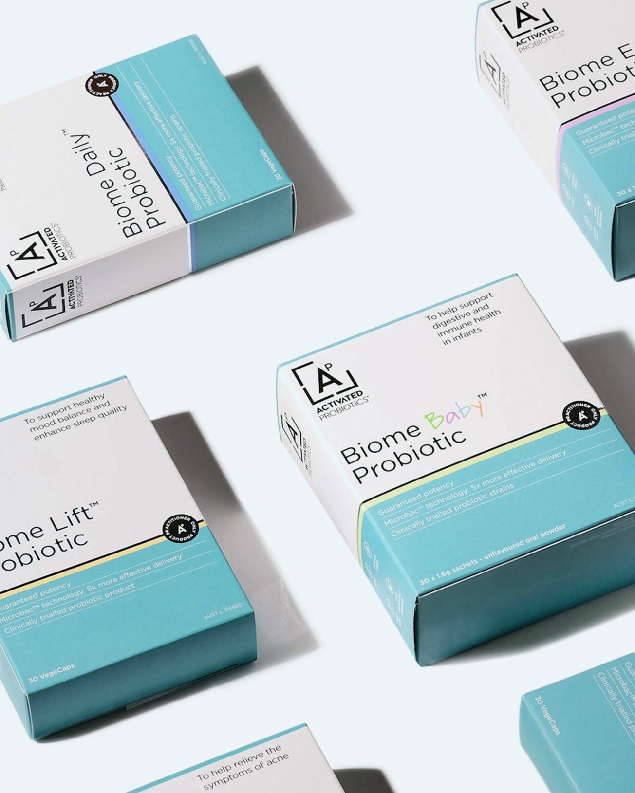 Multiple boxes of Biome Daily Probiotic on a light background