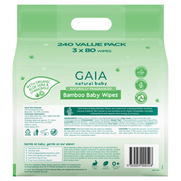 Gaia Natural Baby Bamboo Wet Wipes Biodegradable For Sensitive Skin 240 Pack