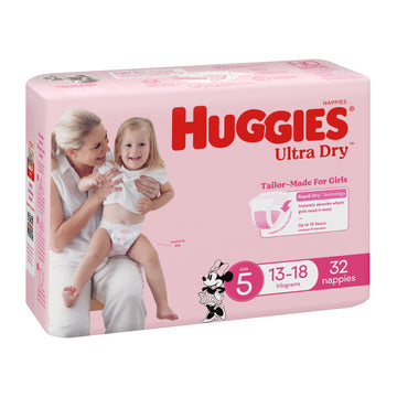 Huggies Ultra Dry Walker Nappies Size 5 Girls 13-18Kg Nappy Pants Pads 32 Pack