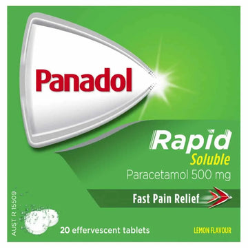 Panadol Rapid Soluble 20 Effervescent Tablets Lemon Flavour Paracetamol 500mg