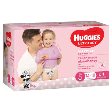 Huggies Ultra Dry Walker Nappies Size 5 Girls 13-18Kg Nappy Pants Pads 64 Pack