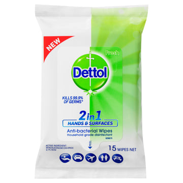 Dettol 2In1 Hand Surf Wipes 15Pk