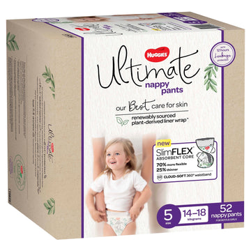 Huggies Ultimate Nappy Pants Size 5 Unisex 14-18Kg Disposable Nappies 52 Pack