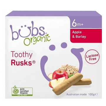 Bubs Organic Toothy Rusks Apple & Barley Malt 100g Lactose Free Biscuits 12 Pack