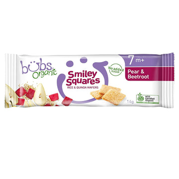 Bubs Organic Smiley Squares Pear & Beetroot Wafers 14g 7+ Months Infant Snacks