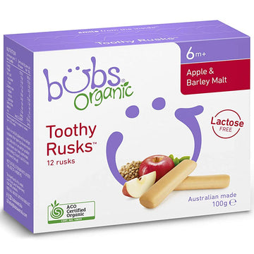 Bubs Organic Toothy Rusks Apple & Barley Malt 100g Lactose Free Biscuits 12 Pack