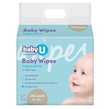 Baby U Wipes 240 Pack Gentle Cleanser Fragrance Free Hypoallergenic 16 x 18cm
