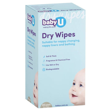 Baby U Dry Wipes 100 Pack Fragrance Free Biodegradable Nappies Soft Cleanser