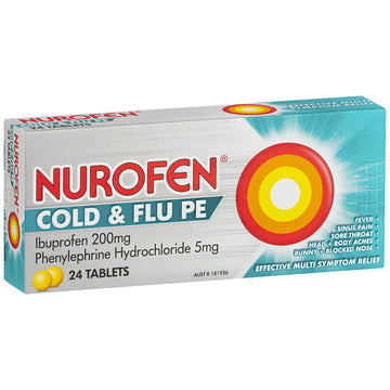 Nurofen Cold & Flu PE Multi-Symptom Fever Relief Tablets Ibuprofen 200mg 24 Tabs