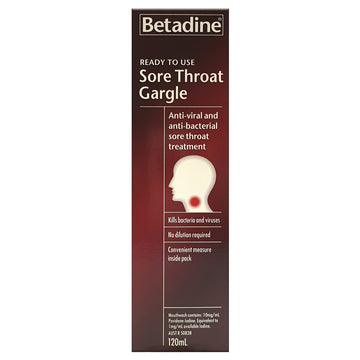 Betadine Ready To Use Sore Throat Gargle Antibacterial Kills Bacteria 120mL
