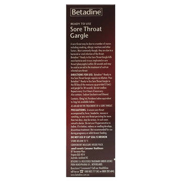 Betadine Ready To Use Sore Throat Gargle Antibacterial Kills Bacteria 120mL