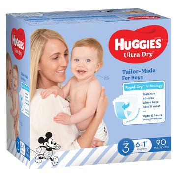 Huggies Ultra Dry Nappies Size 3 Boys 6-11Kg Disposable Baby Nappy Pads 90 Pack