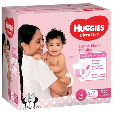 Huggies Ultra Dry Nappies Size 3 Girls 6-11Kg Disposable Baby Nappy Pads 90 Pack