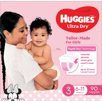 Huggies Ultra Dry Nappies Size 3 Girls 6-11Kg Disposable Baby Nappy Pads 90 Pack