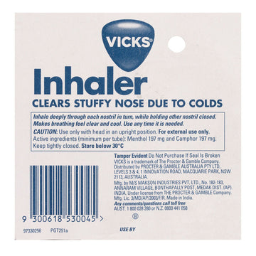 Vicks Inhalers Decongestant Single 0.5mL Blocked Nose Congestion Natural Relief