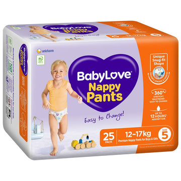 Babylove Nappy Pants Size 5 Walker 12-17Kg Unisex Disposable Nappies Pad 25 Pack
