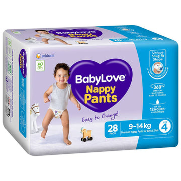 Babylove Nappy Pants Size 4 Toddler 9-14Kg Unisex Disposable Nappies 28 Pack