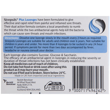 Strepsils Plus Anaesthetic Sore Throat Numbing Pain Relief Treatment 16 Lozenges