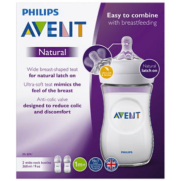 Avent Natural Baby Feeding Bottles 1M+ 260mL Breastfeeding Slow Flow Teats 2 Pk