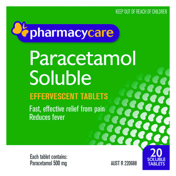 Pharmacy Care Paracetamol Soluble Effervescent Pain Fever Reliever 20 Tablets