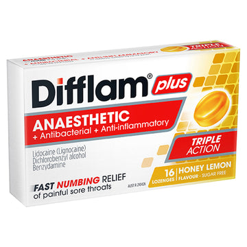 Difflam Plus Anaesthetic Sore Throat Lozenges Honey Lemon Sugar Free 16 Pack