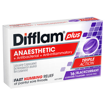 Difflam Plus Anaesthetic Sore Throat Lozenges Blackcurrant Sugar Free 16 Pack