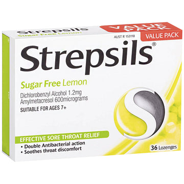 Strepsils Sugar Free Lemon 36 Lozenges Soothes Sore Throat Pain Relief Treatment