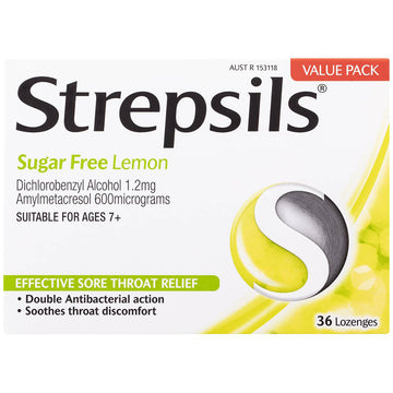 Strepsils Sugar Free Lemon 36 Lozenges Soothes Sore Throat Pain Relief Treatment